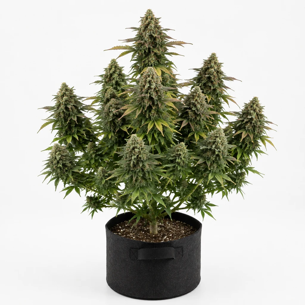 Ilustración de una planta de cannabis en floración, con varias colas y maceta negra, para la ficha de Somango Glue Feminizada.