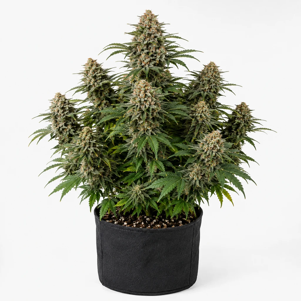 Ilustración de una planta de cannabis con varios cogollos y hojas verdes en maceta negra, para la ficha de Auto Zkittlez.