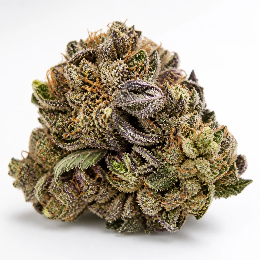 Ilustración de un cogollo compacto con hojas verdes y moradas y filamentos anaranjados para la ficha de Purple Skunk Auto de Sensi Seeds.