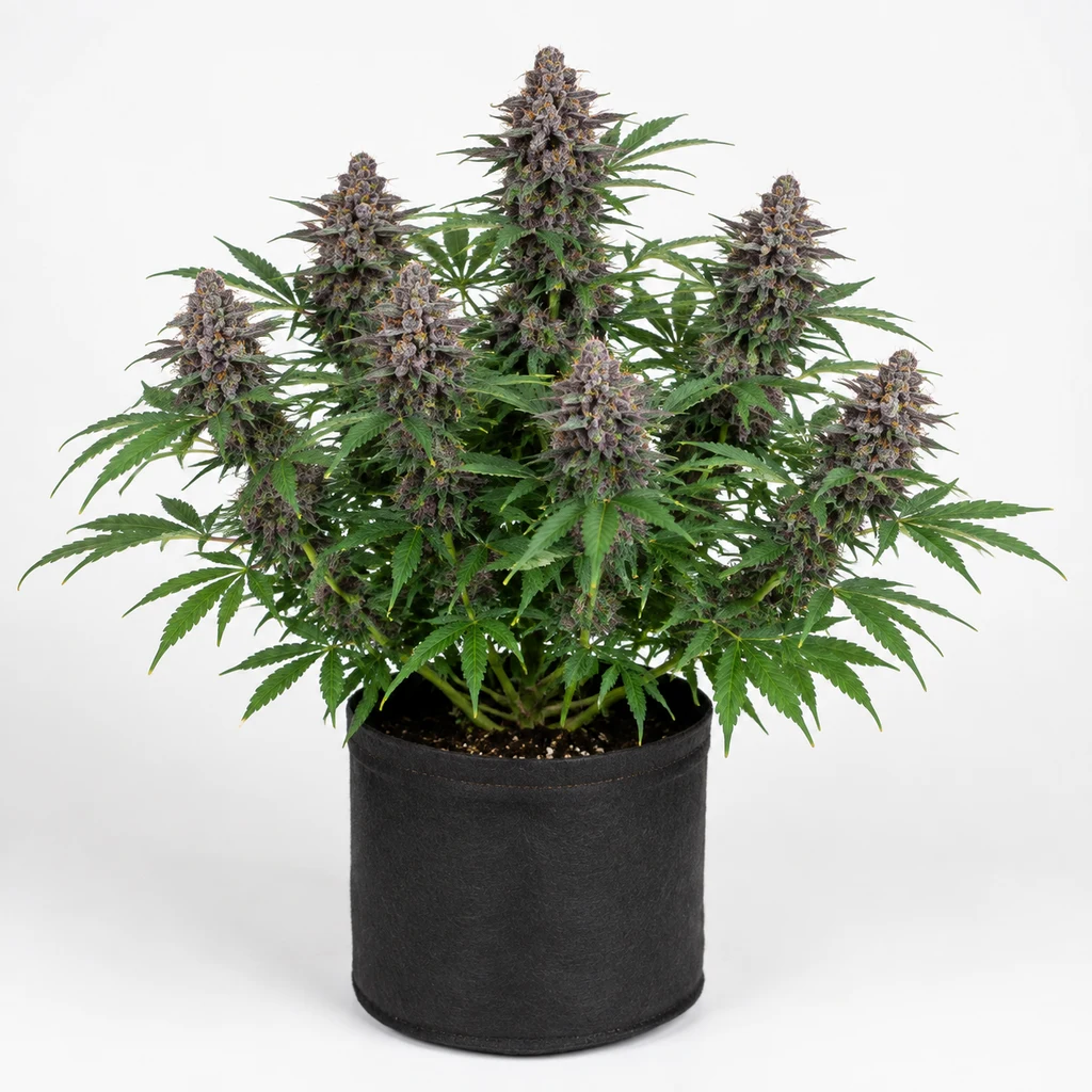 Ilustración de una planta en floración para la ficha de Purple Skunk Auto, con cogollos violáceos y hojas verdes en maceta negra.