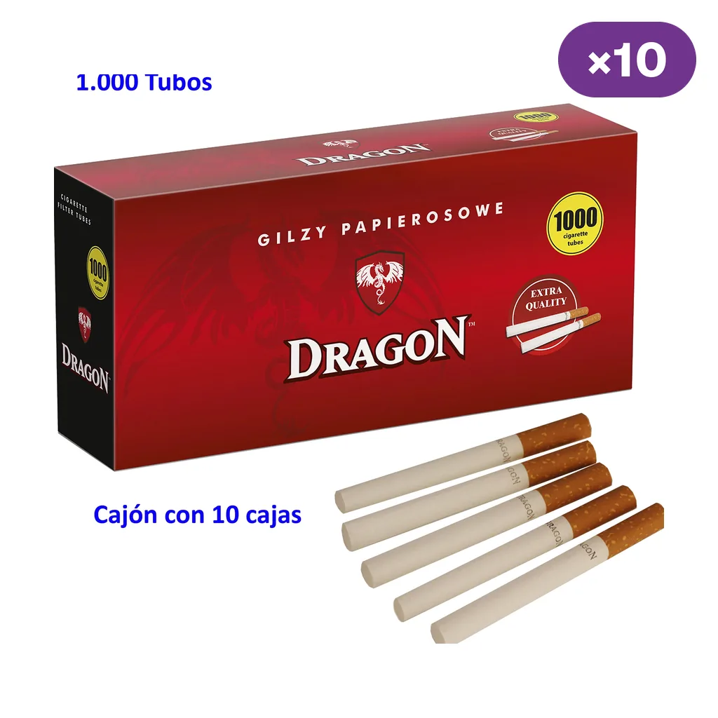 Caja roja Dragon rotulada «1000» junto a varios tubos blancos con extremos marrones; aparecen los textos «×10» y «Cajón con 10 cajas».