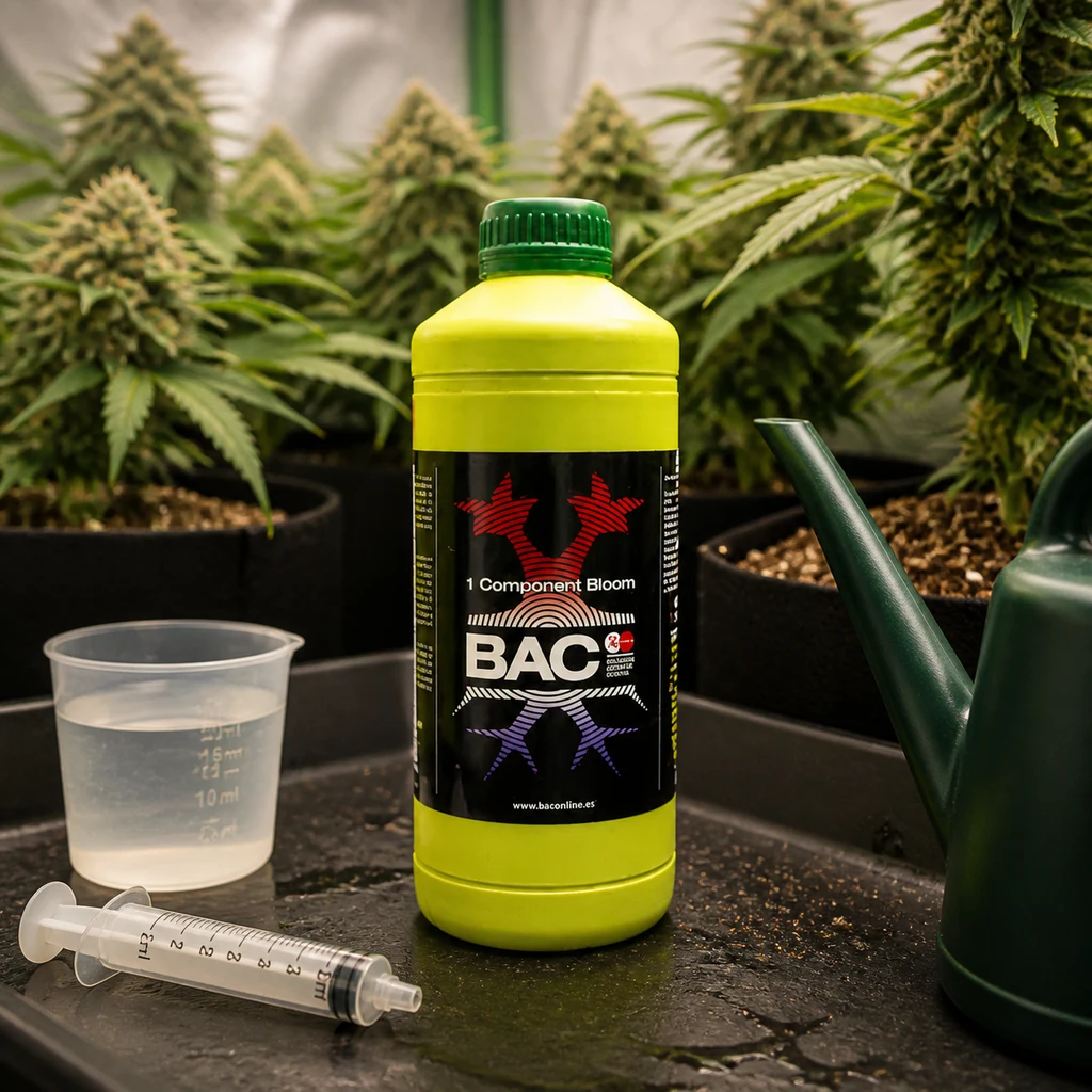 Botella amarilla de BAC 1 Component Bloom junto a vaso medidor, jeringa y regadera, con plantas de cannabis al fondo.
