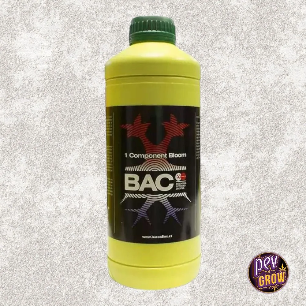 Botella amarilla de BAC 1 Component Soil Bloom con tapón verde y etiqueta negra con el texto «1 Component Bloom».