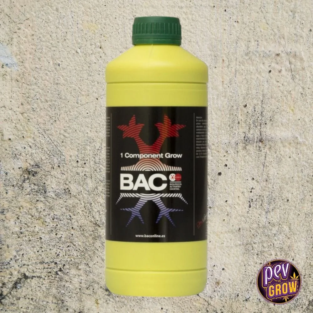 Botella amarilla de BAC 1 Component Soil Grow con tapón verde y etiqueta negra, sobre un fondo gris de textura rugosa.