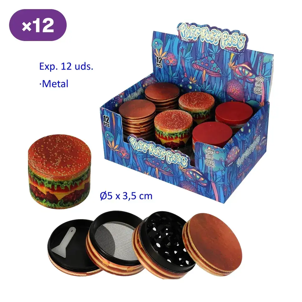 Expositor de 12 grinders con diseño de hamburguesa y uno desmontado en cuatro partes, con dientes, tamiz y pequeña espátula.