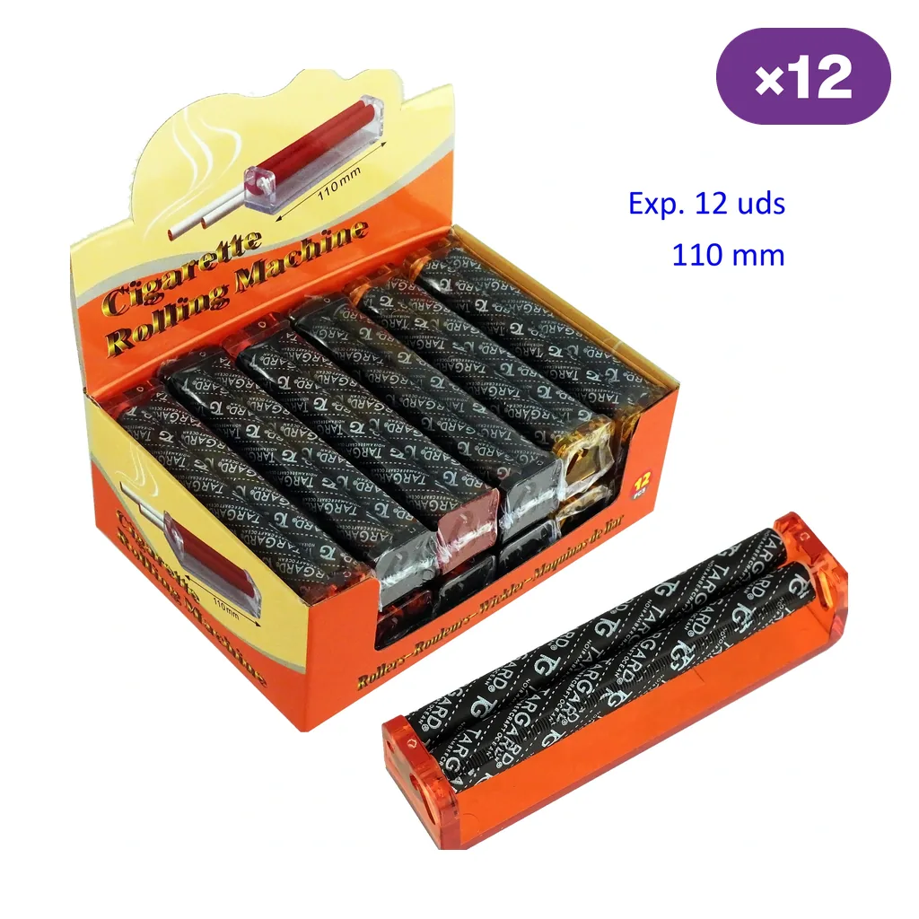 Máquina de liar acrílica naranja con banda negra estampada, delante de una caja expositora abierta con varias unidades y distintivo ×12.