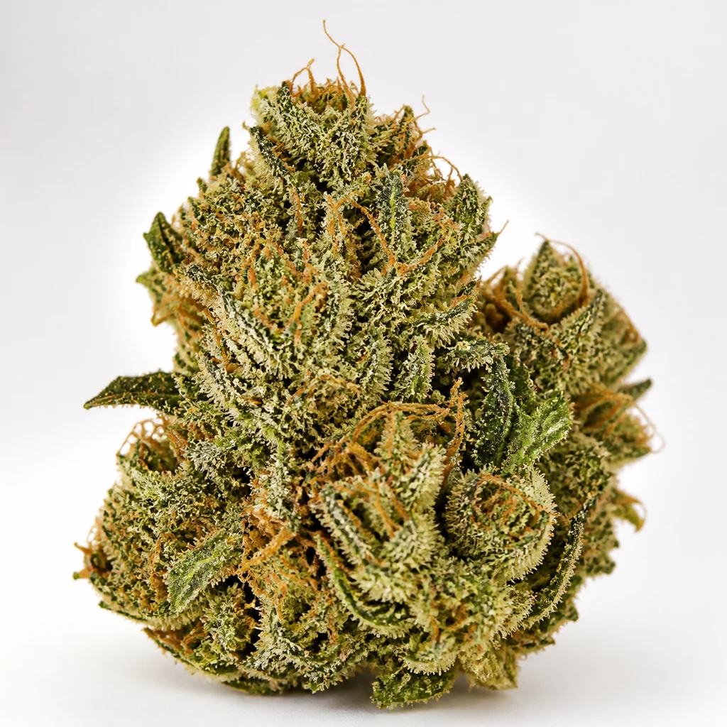 Ilustración de un cogollo para la ficha de Auto Galaxy de Pyramid Seeds, con hojas verdes, filamentos anaranjados y superficie blanquecina.