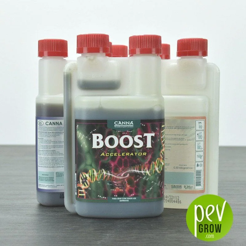 Envases de Canna Boost Accelerator con tapones rojos y dosificador integrado, agrupados con la etiqueta principal en primer plano.