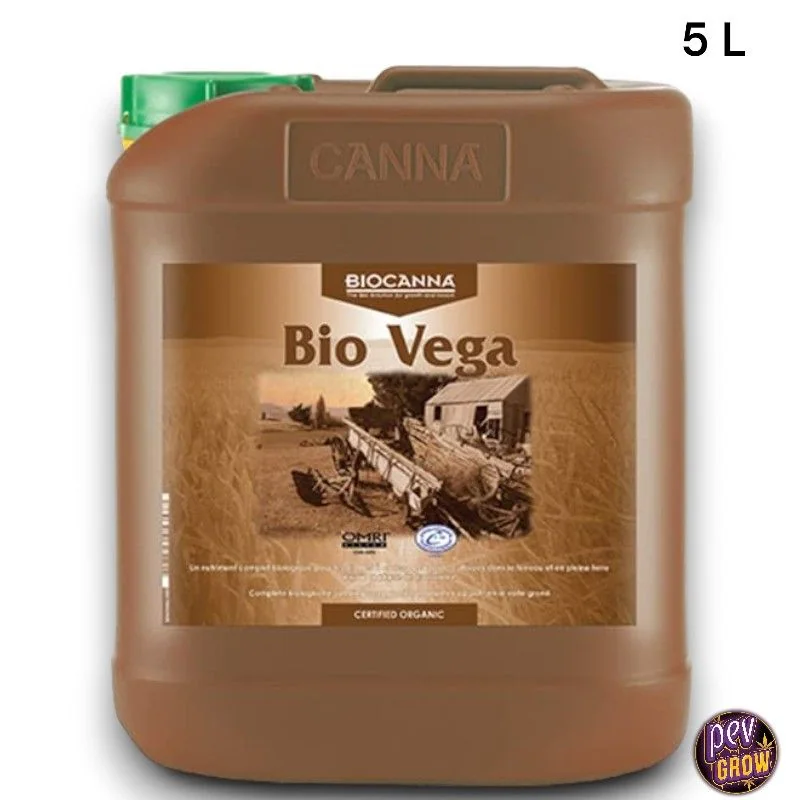 Garrafa marrón de Bio Vega de Biocanna con asa superior, tapón verde y etiqueta frontal; indicación de 5 L sobre fondo blanco.