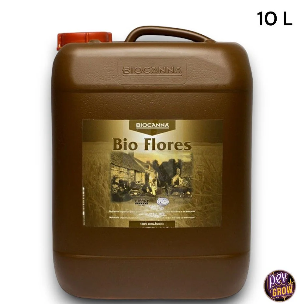 Garrafa marrón de Bio Flores de Biocanna, con asa superior, tapón rojo y etiqueta frontal sobre fondo blanco.