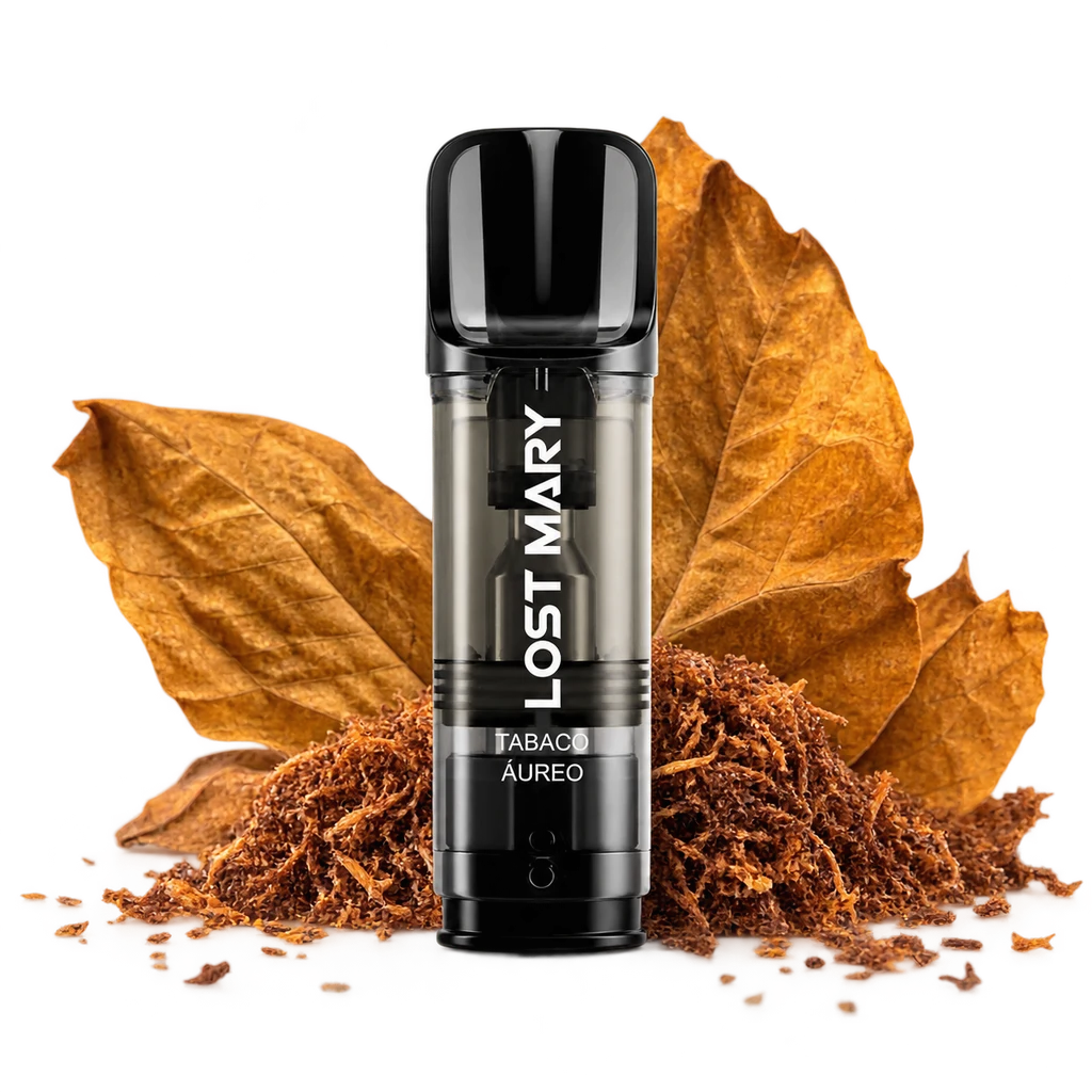 Pod Lost Mary Tabaco Dorado con boquilla negra y cuerpo translúcido, ante hojas secas y tabaco picado sobre fondo negro.
