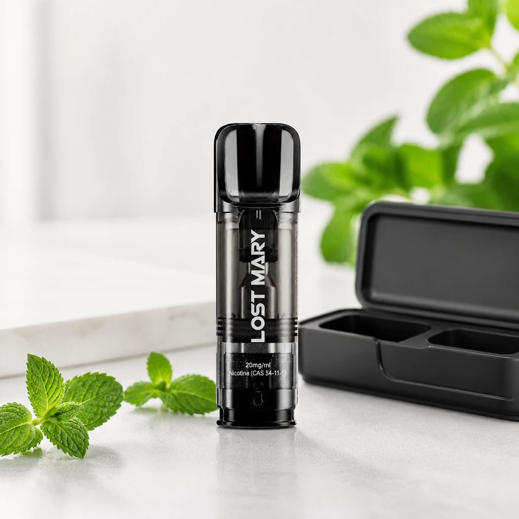 Dispositivo Lost Mary negro en vertical, con la inscripción 20 mg/ml, junto a un estuche abierto y hojas de menta sobre una superficie clara.
