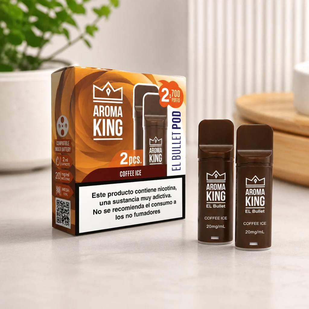 Pods marrones Aroma King EL Bullet Coffee Ice junto a su caja, con la indicación 20 mg/ml y una advertencia sobre nicotina.