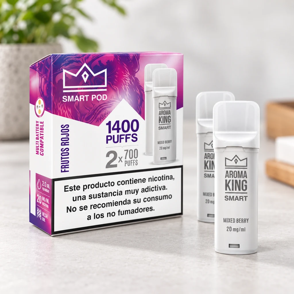Escena generada de dos pods blancos Aroma King Smart junto a su caja de frutos rojos, rotulada 1400 puffs, 20 mg/ml y con aviso de nicotina.