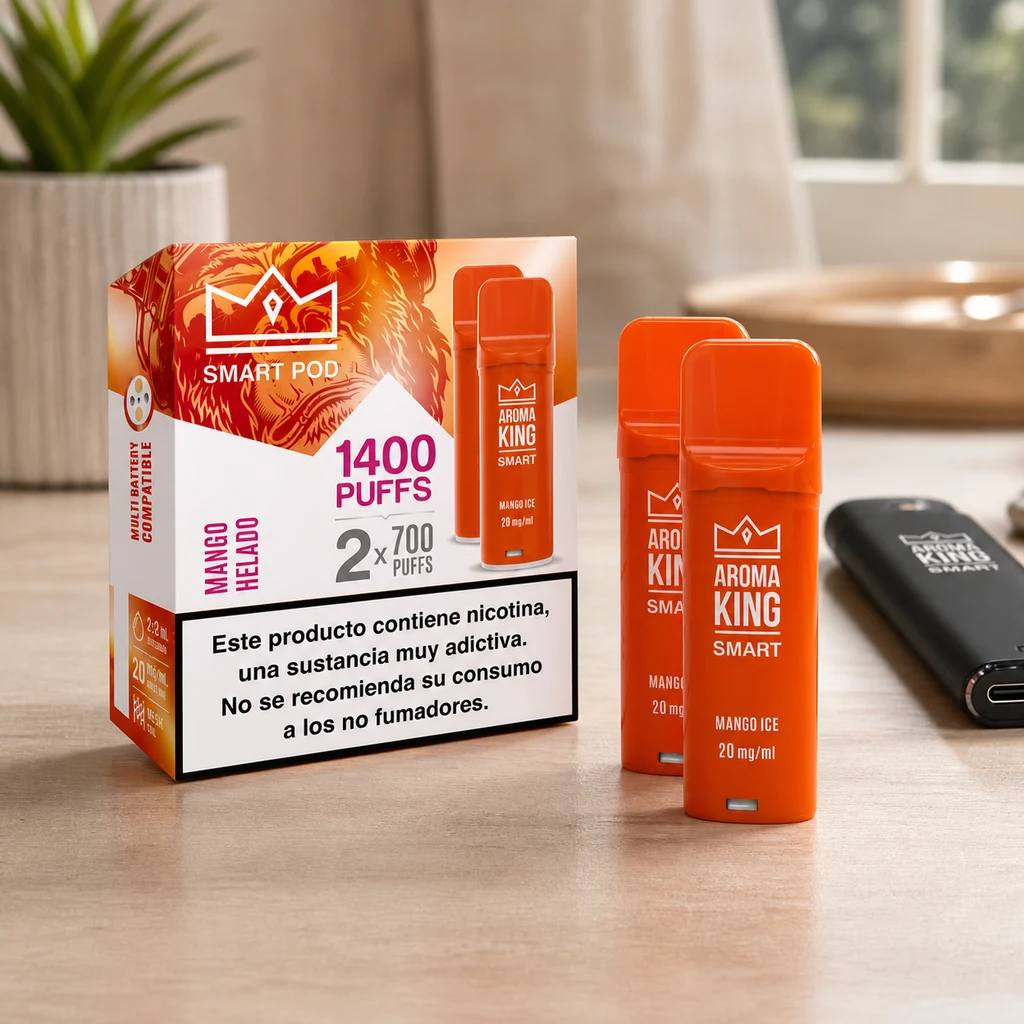 Pods naranjas Aroma King Smart Mango Ice de 20 mg/ml junto a su caja, con advertencia de nicotina, sobre una mesa.