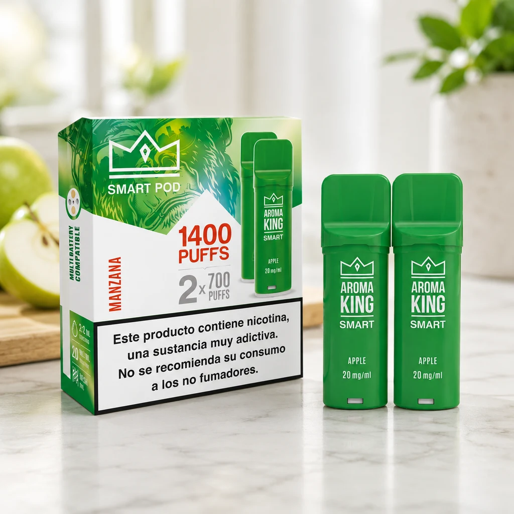 Pods verdes Aroma King Smart Apple junto a su caja, con las indicaciones 1400 puffs y 20 mg/ml, sobre una encimera con manzanas al fondo.