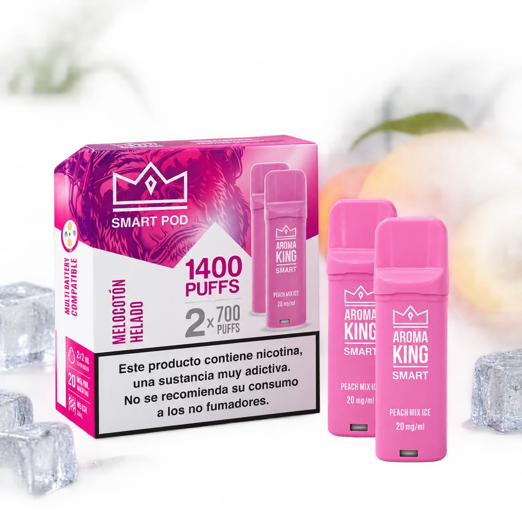 Pods rosas Aroma King Smart de melocotón helado junto a su caja, con las indicaciones 20 mg/ml y 1400 puffs, entre hielo sobre fondo oscuro.