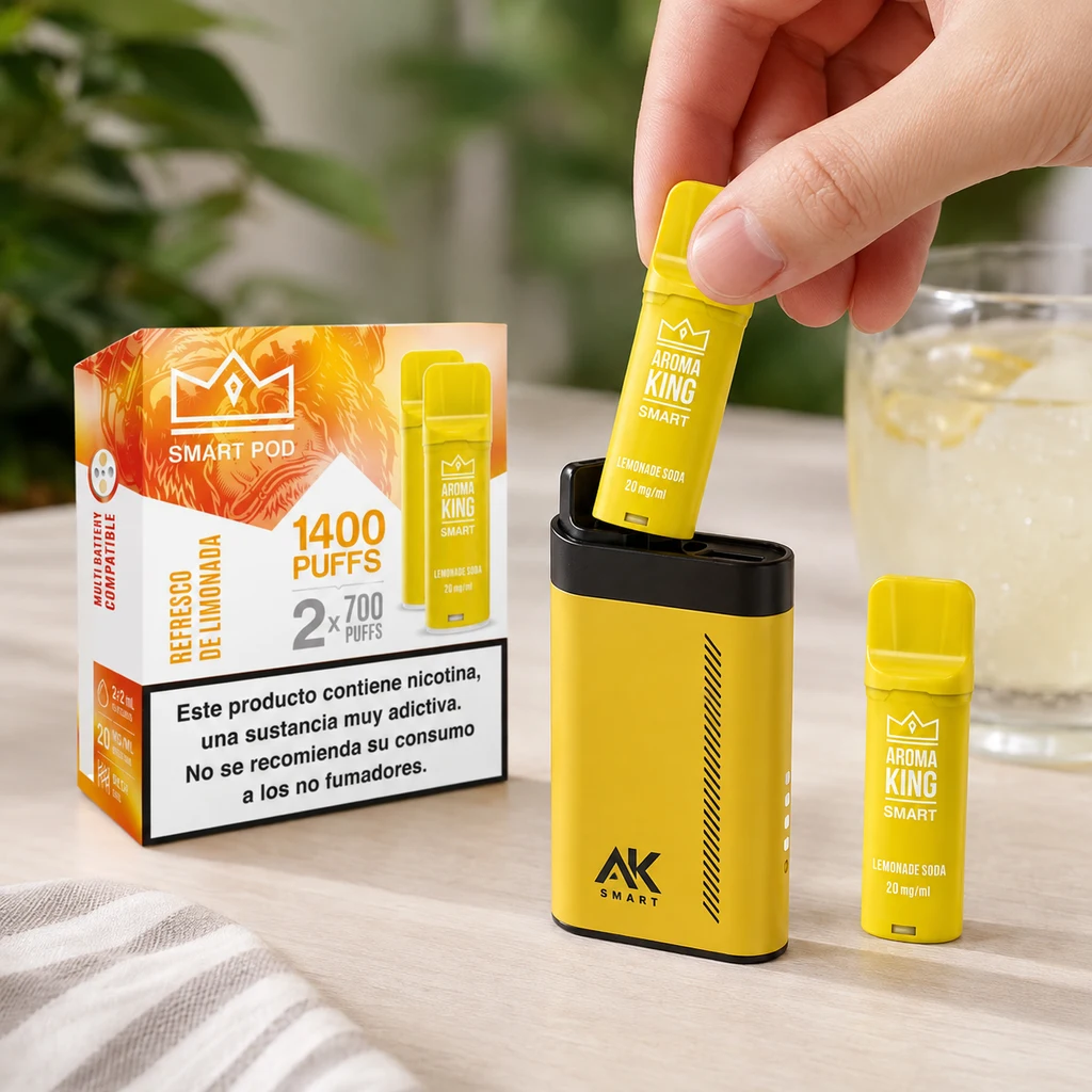 Escena generada de una mano colocando un pod amarillo Aroma King en un dispositivo AK Smart, junto a otro pod y su caja.
