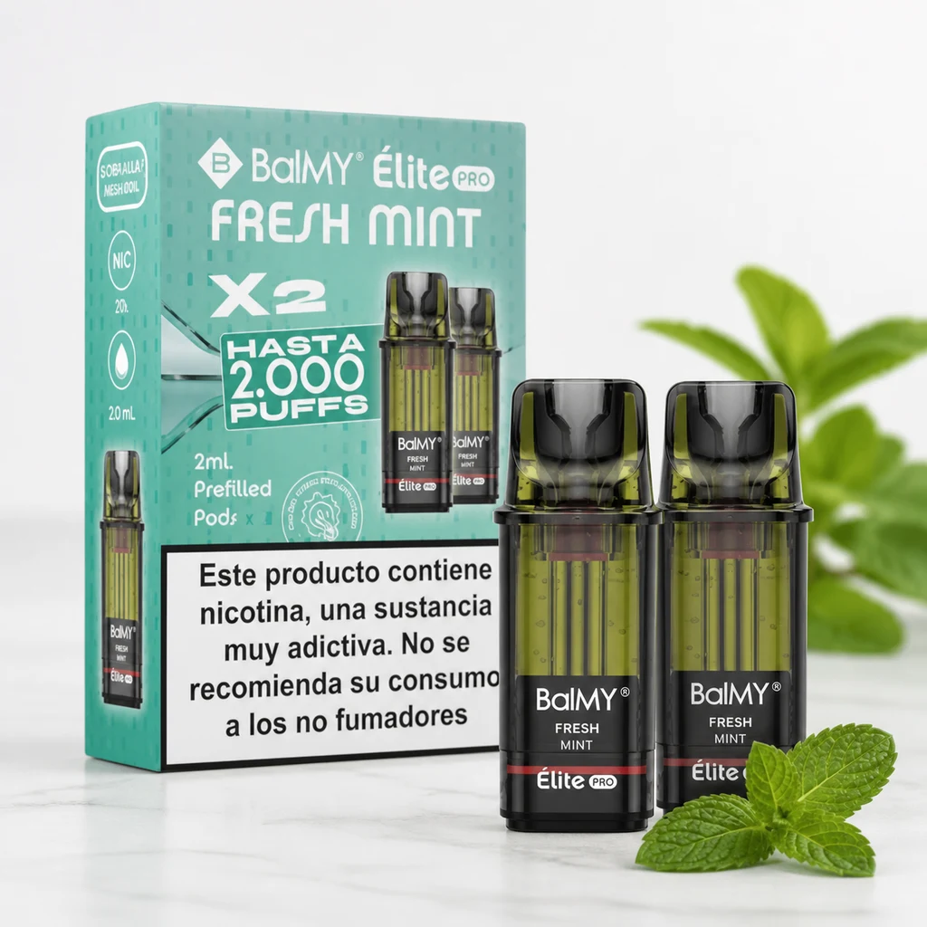 Recambios Balmy Elite Pro Fresh Mint junto a su caja turquesa con advertencia sobre nicotina y hojas de menta en primer plano.
