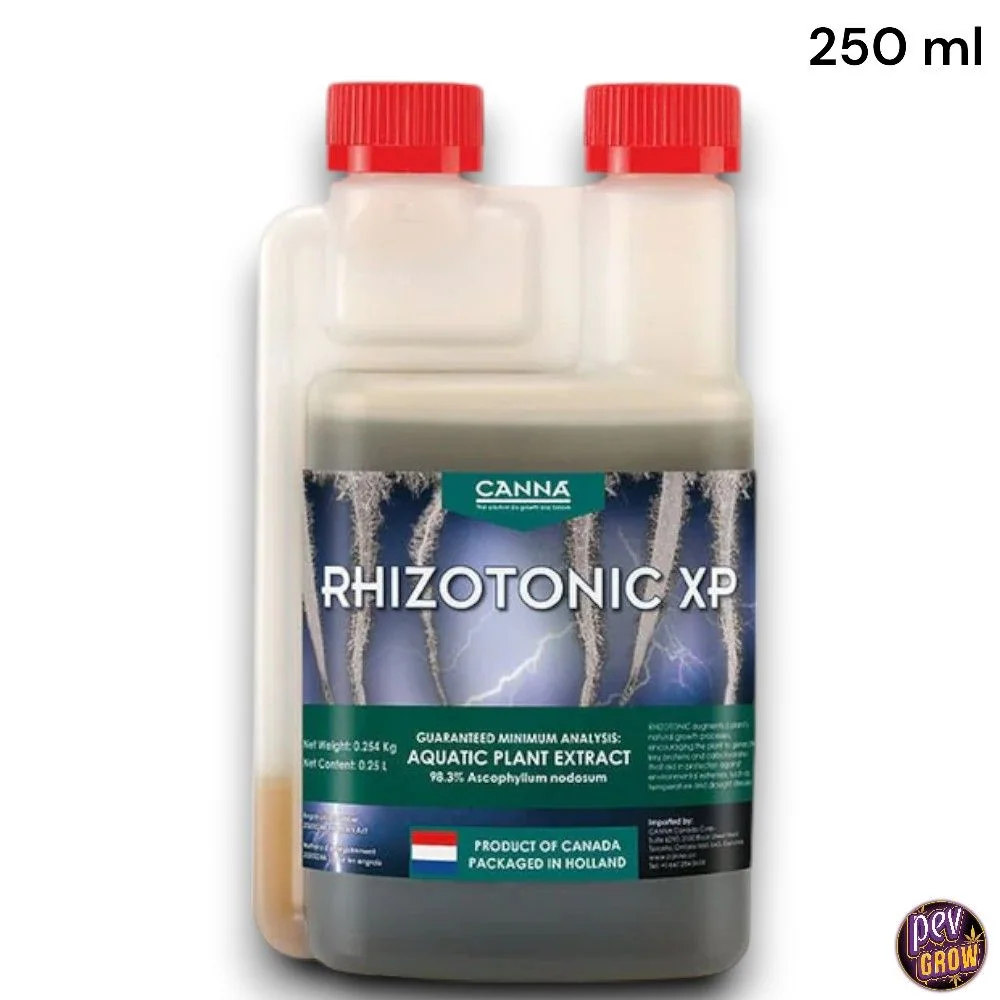 Envase de Canna Rhizotonic XP con tapones rojos y etiqueta con raíces, sobre fondo blanco y con indicación de 250 ml.