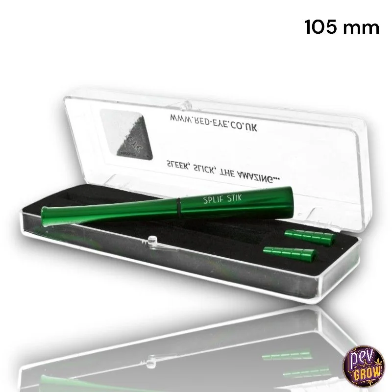 Pipa Spliff-Stick verde en un estuche abierto con tapa transparente, interior negro y pequeños accesorios verdes.