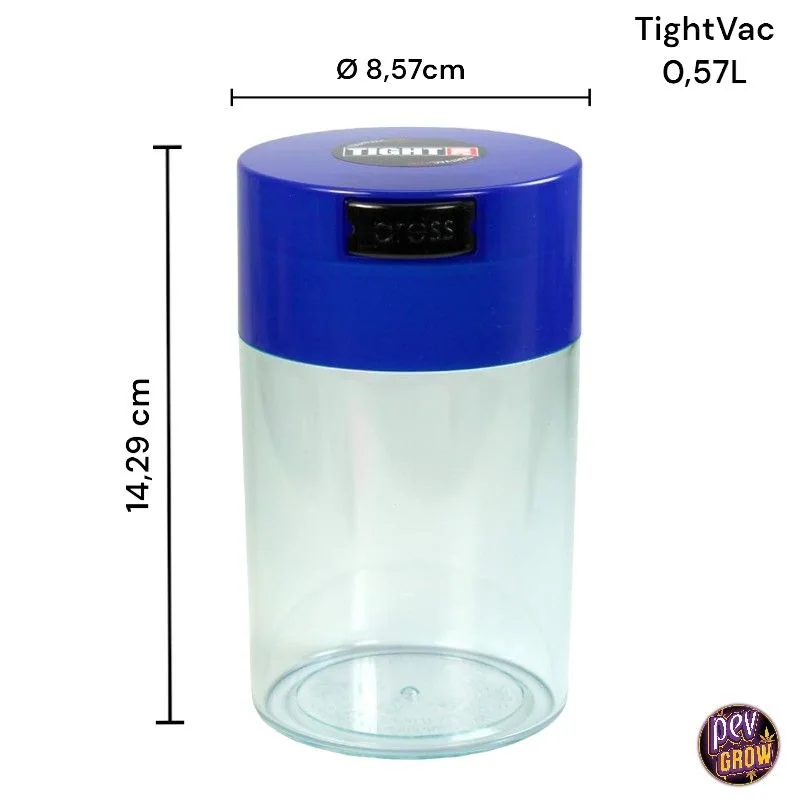 Contenedor TightVac de cuerpo transparente y tapa azul con botón negro, sobre fondo blanco con líneas de medida.