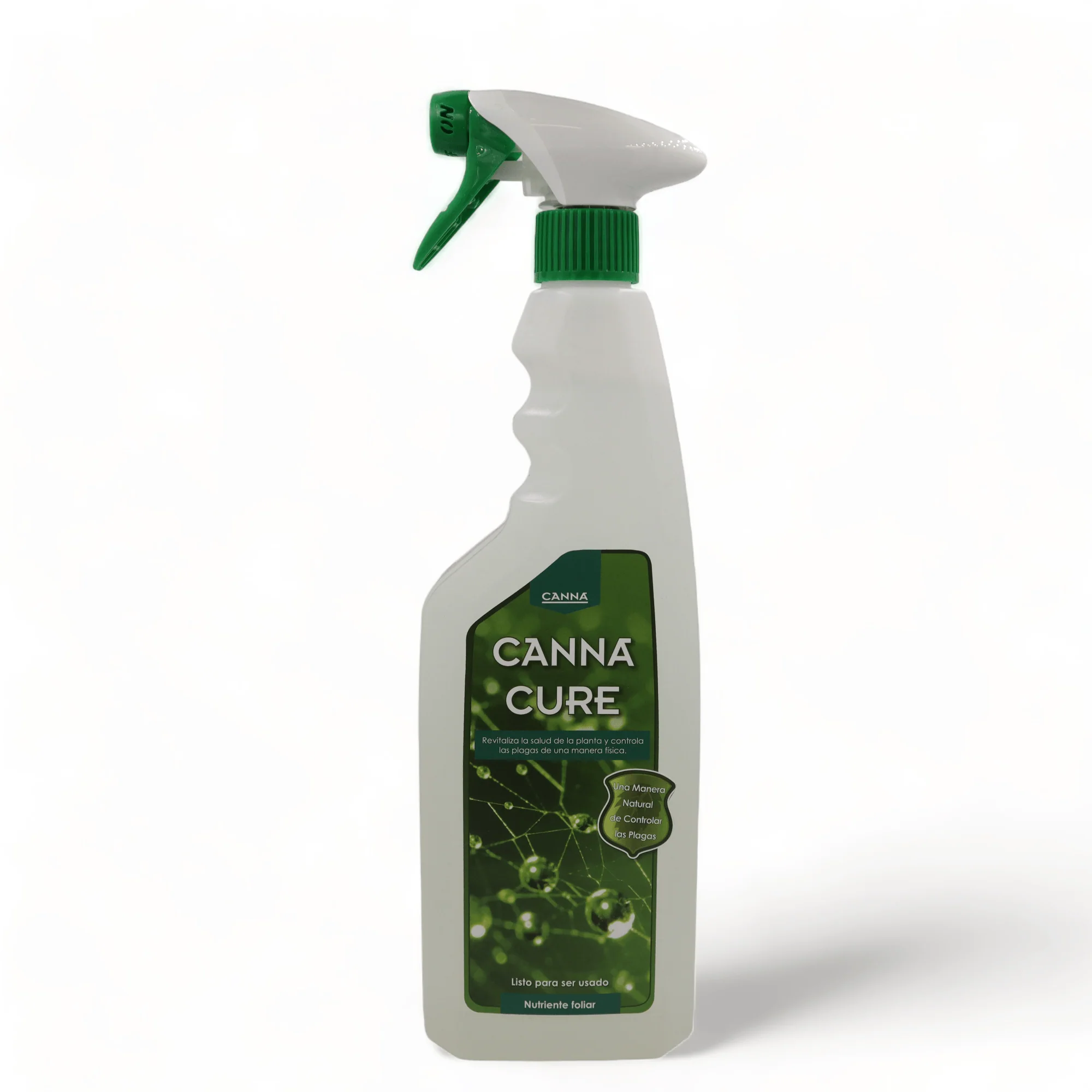 Botella blanca de Canna Cure con pulverizador verde y blanco y etiqueta verde, sobre fondo blanco.