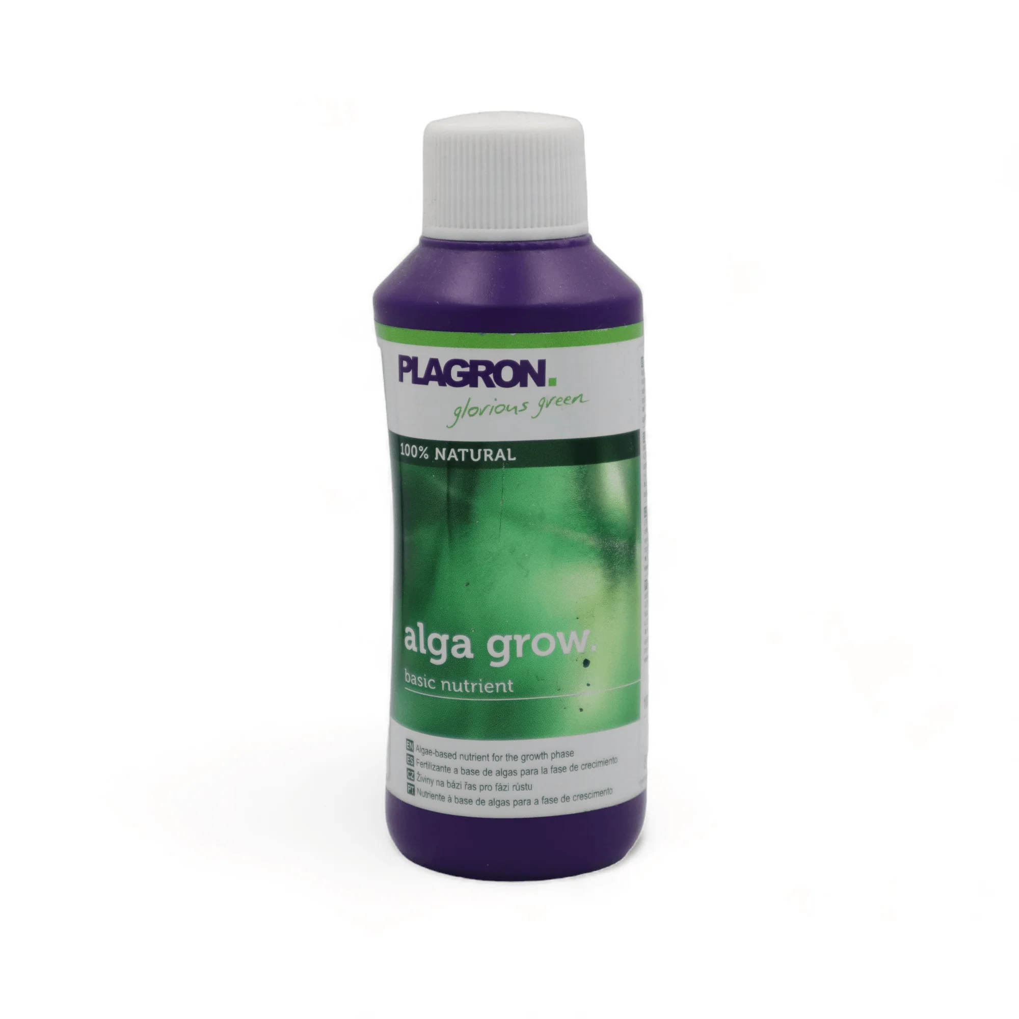 Botella morada de Alga Grow de Plagron con tapón blanco y etiqueta verde, presentada de frente sobre fondo blanco. Botella morada de Alga Grow de Plagron con tapón blanco y etiqueta verde, presentada de frente sobre fondo blanco.
