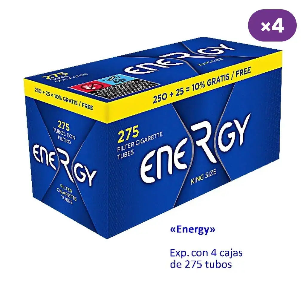 Caja azul y amarilla de tubos Energy con filtro, rotulada con 275 tubos y un indicador de presentación de 4 cajas.
