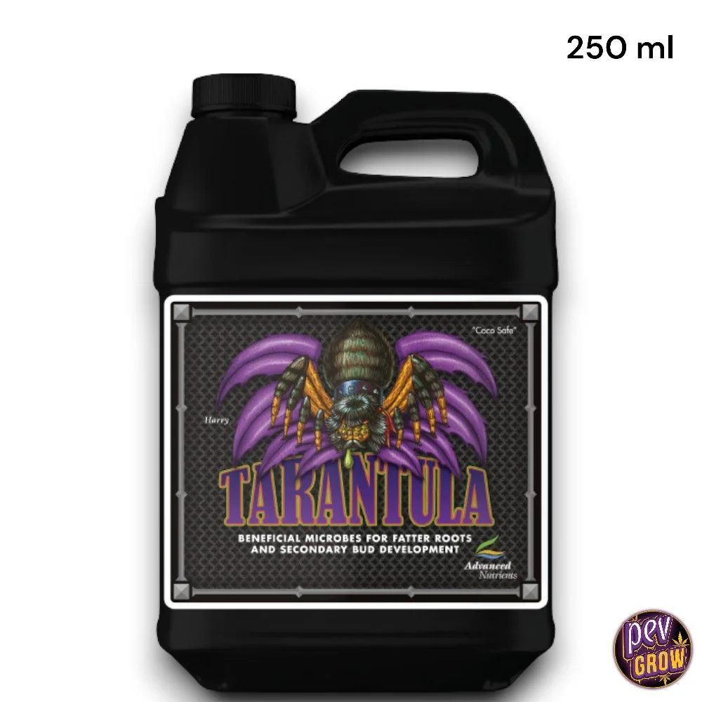 Envase negro de Tarantula Advanced Nutrients con asa, tapón y etiqueta con una araña sobre motivos morados; figura de 250 ml.
