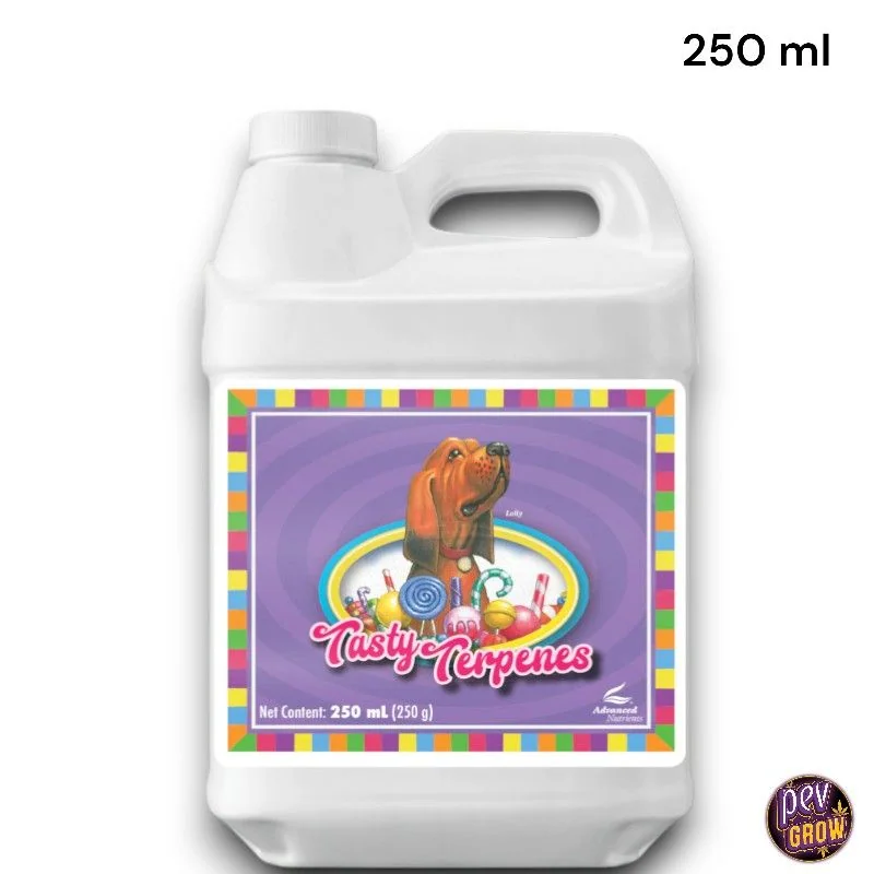 Envase blanco con asa de Tasty Terpenes de Advanced Nutrients, con etiqueta violeta ilustrada con un perro y dulces; indica 250 ml.