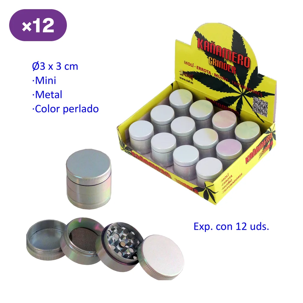 Grinders Kañamero de acabado perlado en expositor amarillo, con una unidad cerrada y otra desmontada que muestra dientes y malla.
