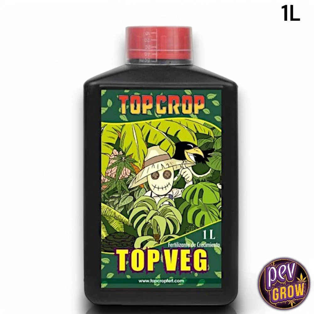 Botella negra de Top Veg de Top Crop de 1 L, con tapón rojo y etiqueta verde ilustrada con vegetación y un espantapájaros.