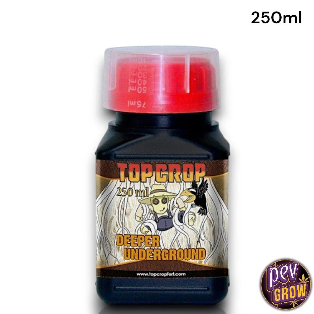 Botella negra de Deeper Underground de Top Crop de 250 ml, con tapón dosificador rojo y etiqueta ilustrada con raíces.