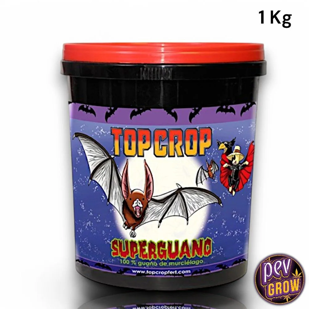 Bote negro de SuperGuano Top Crop con tapa roja y etiqueta violeta ilustrada con murciélagos; indicación de 1 kg sobre fondo blanco.