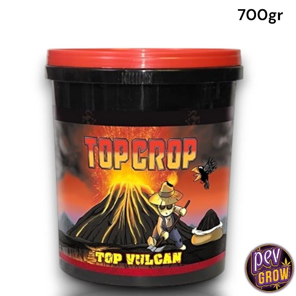 Bote negro de Top Vulcan de Top Crop con tapa roja, etiqueta ilustrada con un volcán y la indicación de 700 gr.