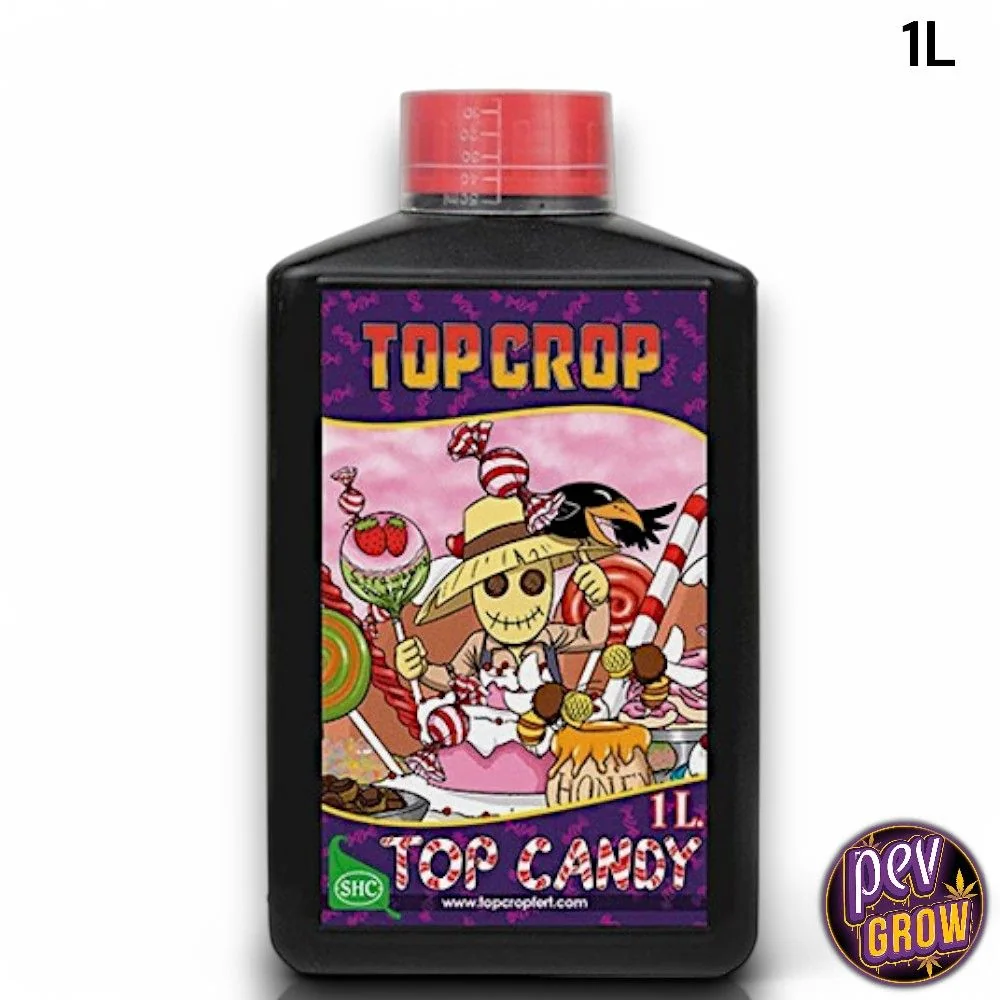 Botella negra de Top Candy de Top Crop de 1 L, con tapón rojo y etiqueta morada ilustrada con golosinas.