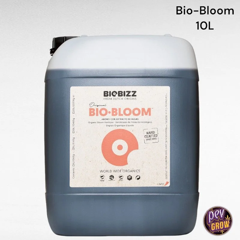 Garrafa de Bio Bloom de BioBizz con cuerpo oscuro, parte superior clara y etiqueta frontal; arriba se lee «Bio-Bloom 10L».
