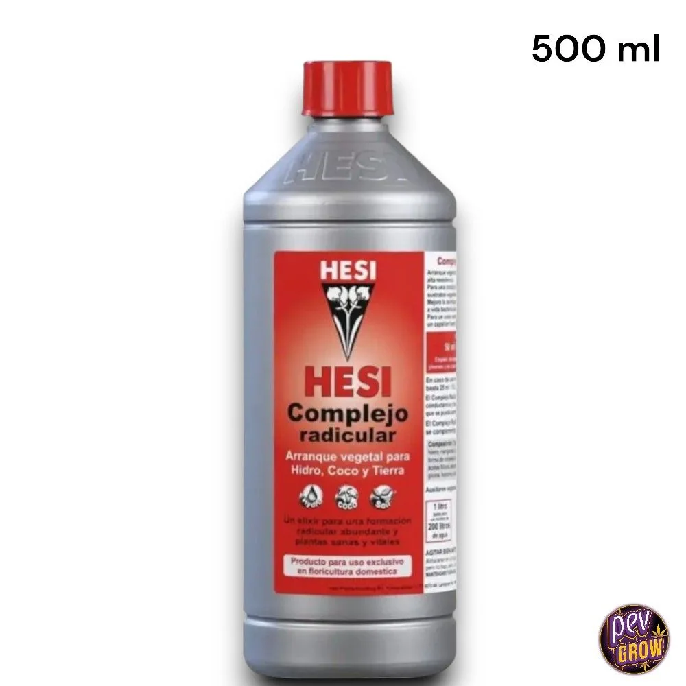 Botella de HESI Complejo radicular de 500 ml, con envase gris, tapón rojo y etiqueta roja sobre fondo blanco.