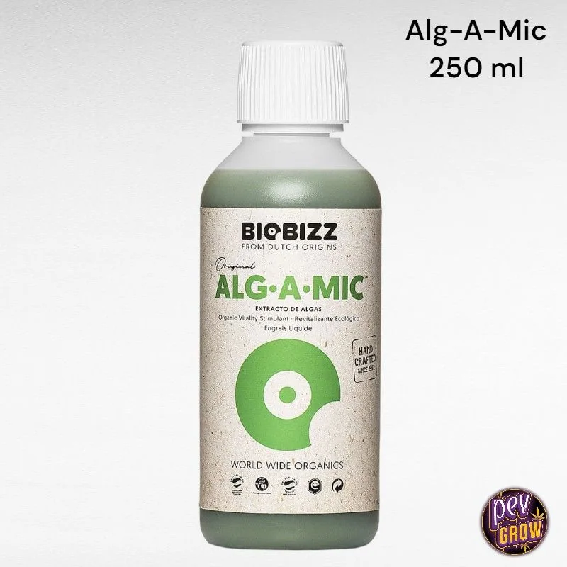 Botella de Alg-A-Mic BioBizz con tapón blanco y etiqueta beige y verde; el texto superior indica 250 ml.