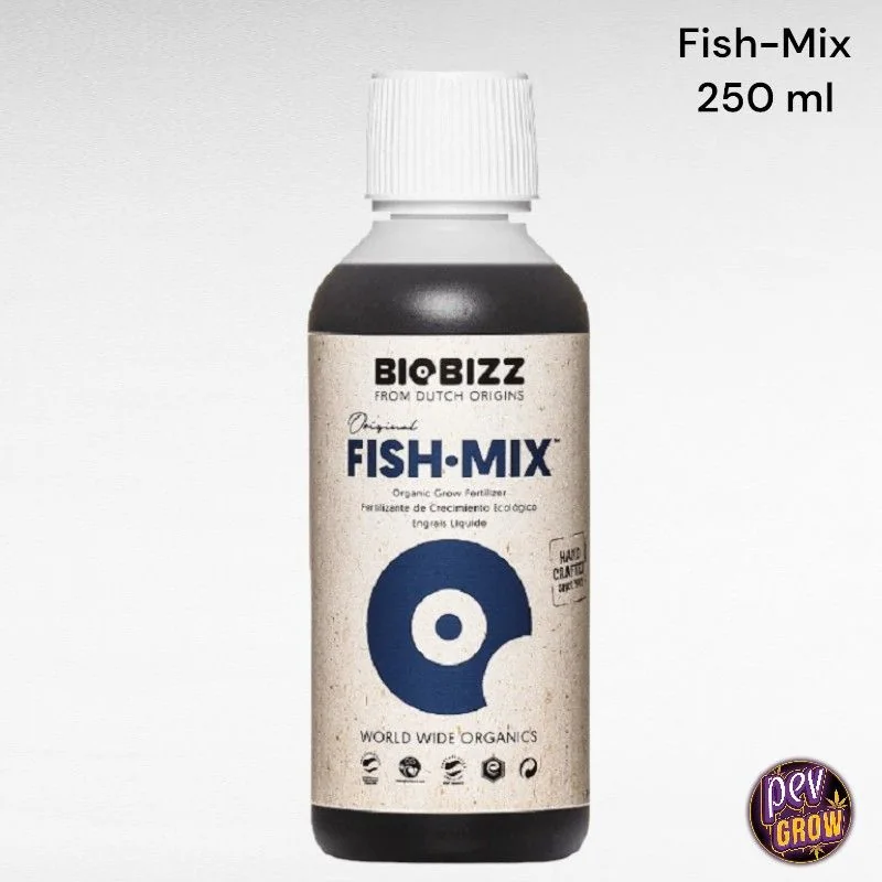 Botella de BioBizz Fish·Mix de 250 ml con tapón blanco y etiqueta beige con letras y símbolo azul, sobre fondo blanco.