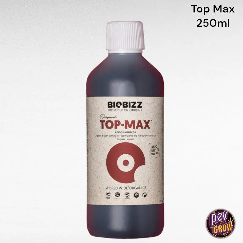 Botella de Top·Max BioBizz con tapón blanco y etiqueta beige y roja, sobre fondo blanco con el texto «Top Max 250ml».
