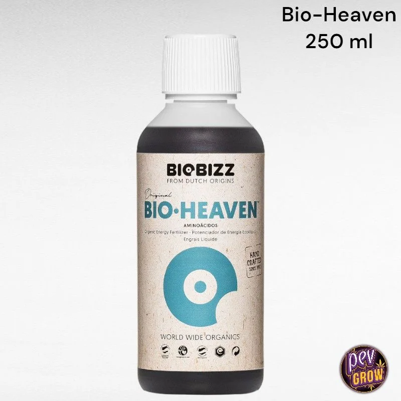 Botella de Bio Heaven de BioBizz con tapón blanco y etiqueta beige y turquesa; el texto superior indica 250 ml.