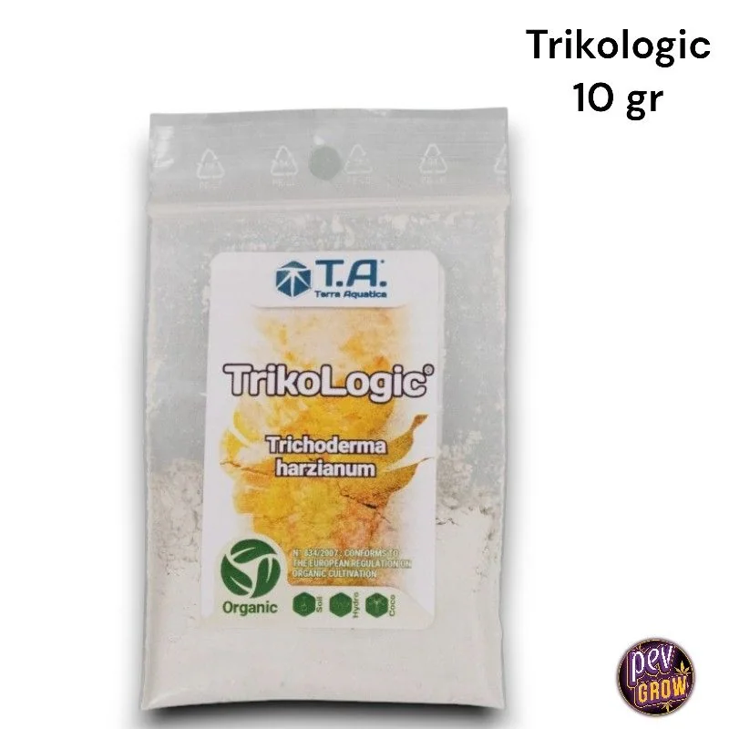 Bolsa de TrikoLogic de Terra Aquatica sobre fondo blanco, con etiqueta de Trichoderma harzianum y texto exterior «10 gr».