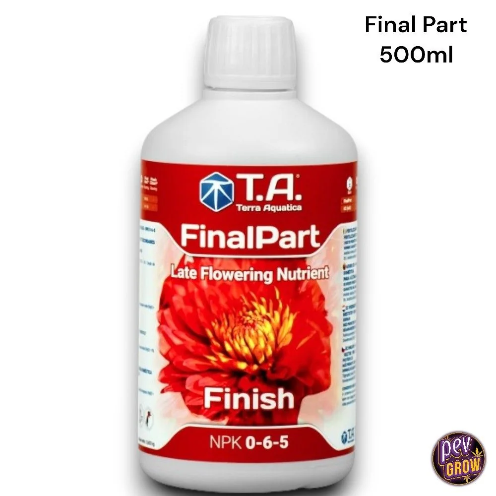 Botella blanca de FinalPart de Terra Aquatica, con etiqueta roja, una flor y los textos «Late Flowering Nutrient», «Finish» y «NPK 0-6-5».