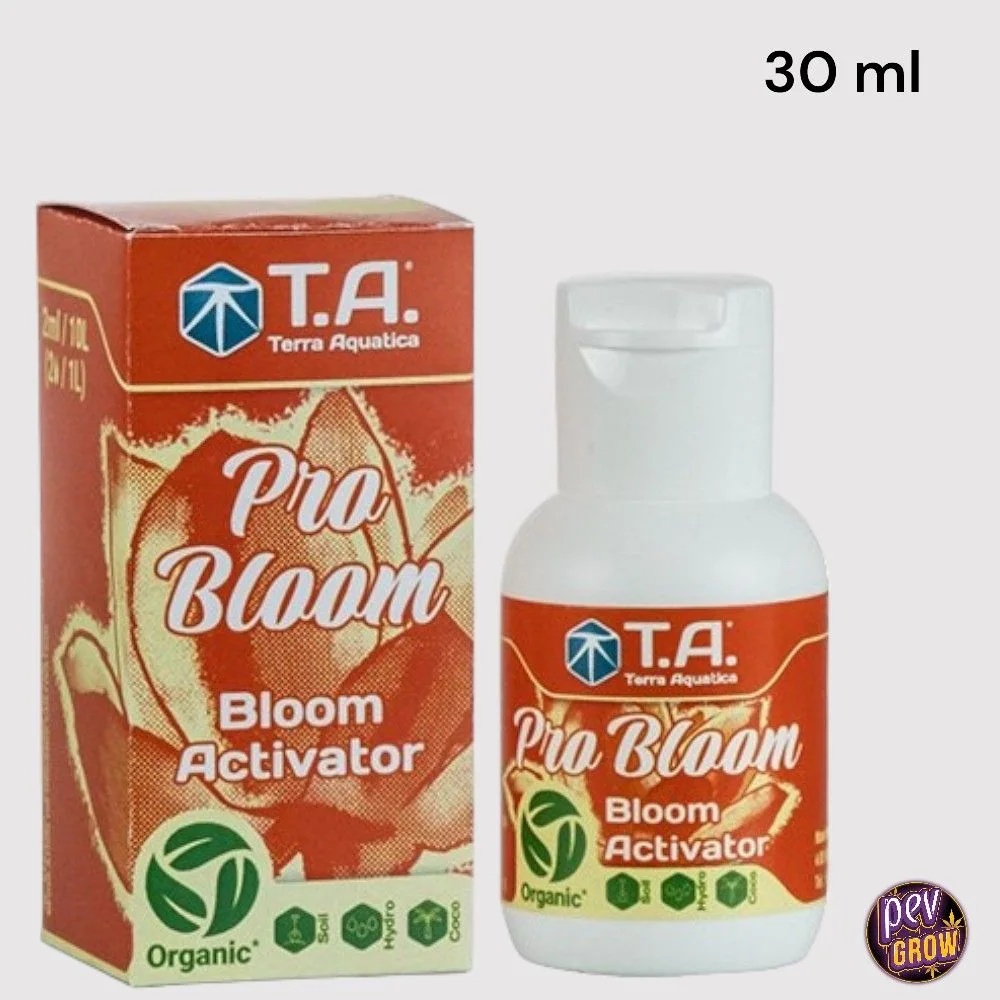 Caja y frasco blanco de Pro Bloom de Terra Aquatica, con etiquetas rojas y la indicación de 30 ml en la esquina superior.