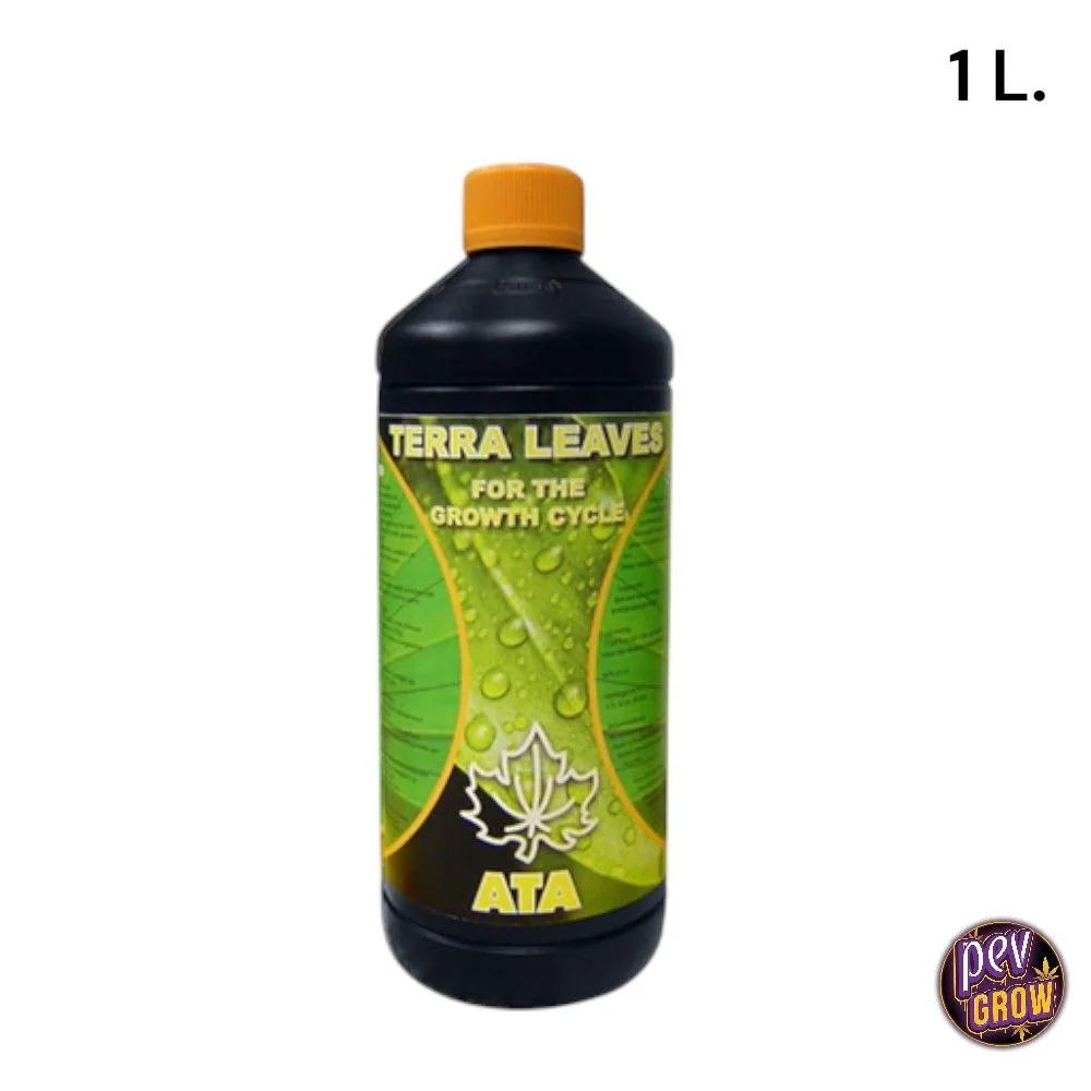 Botella negra de ATA Terra Leaves de Atami con tapón naranja, etiqueta verde y la indicación de formato de 1 L.