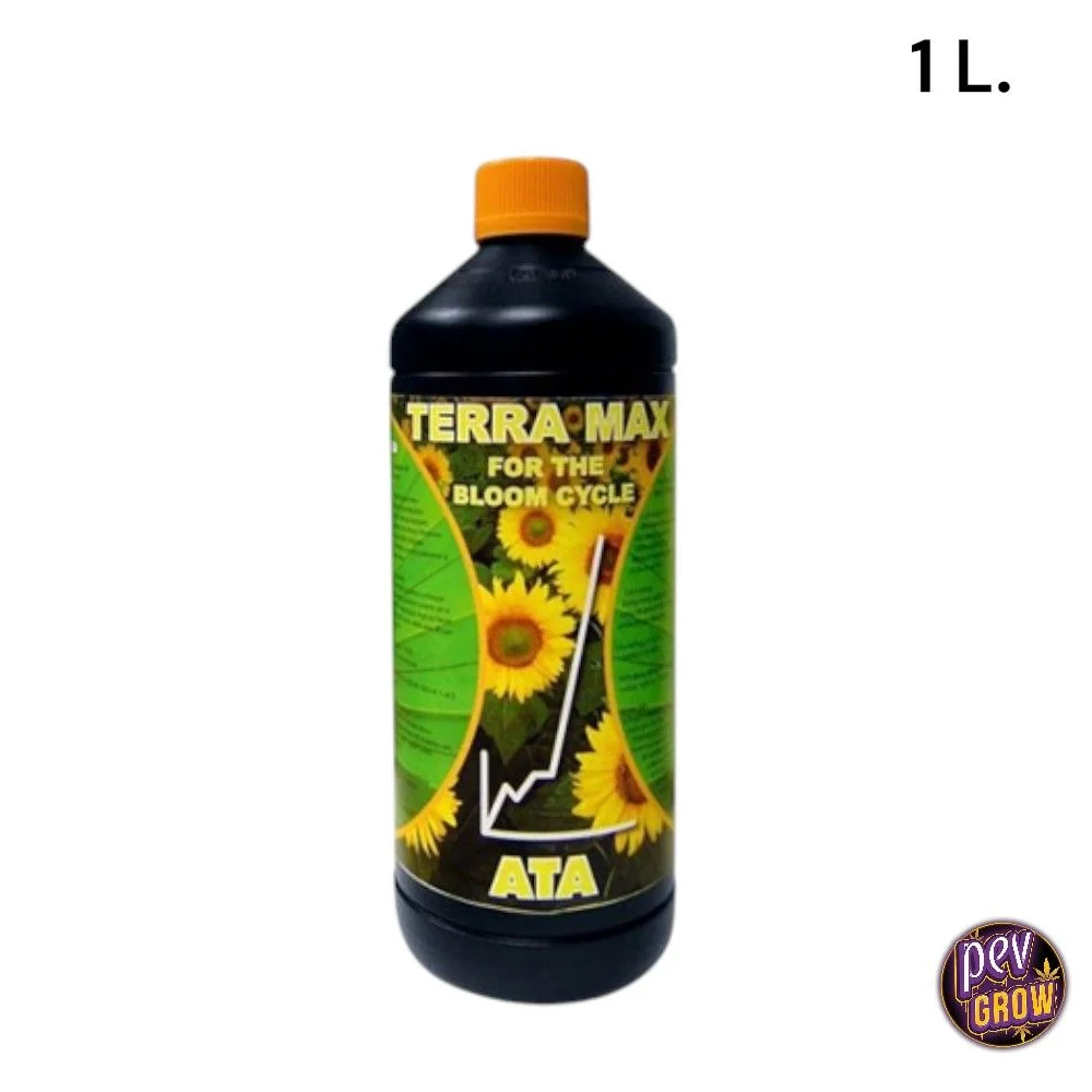 Botella negra de fertilizante ATA Terra Max con tapón naranja y etiqueta verde con girasoles; indicación de 1 L.