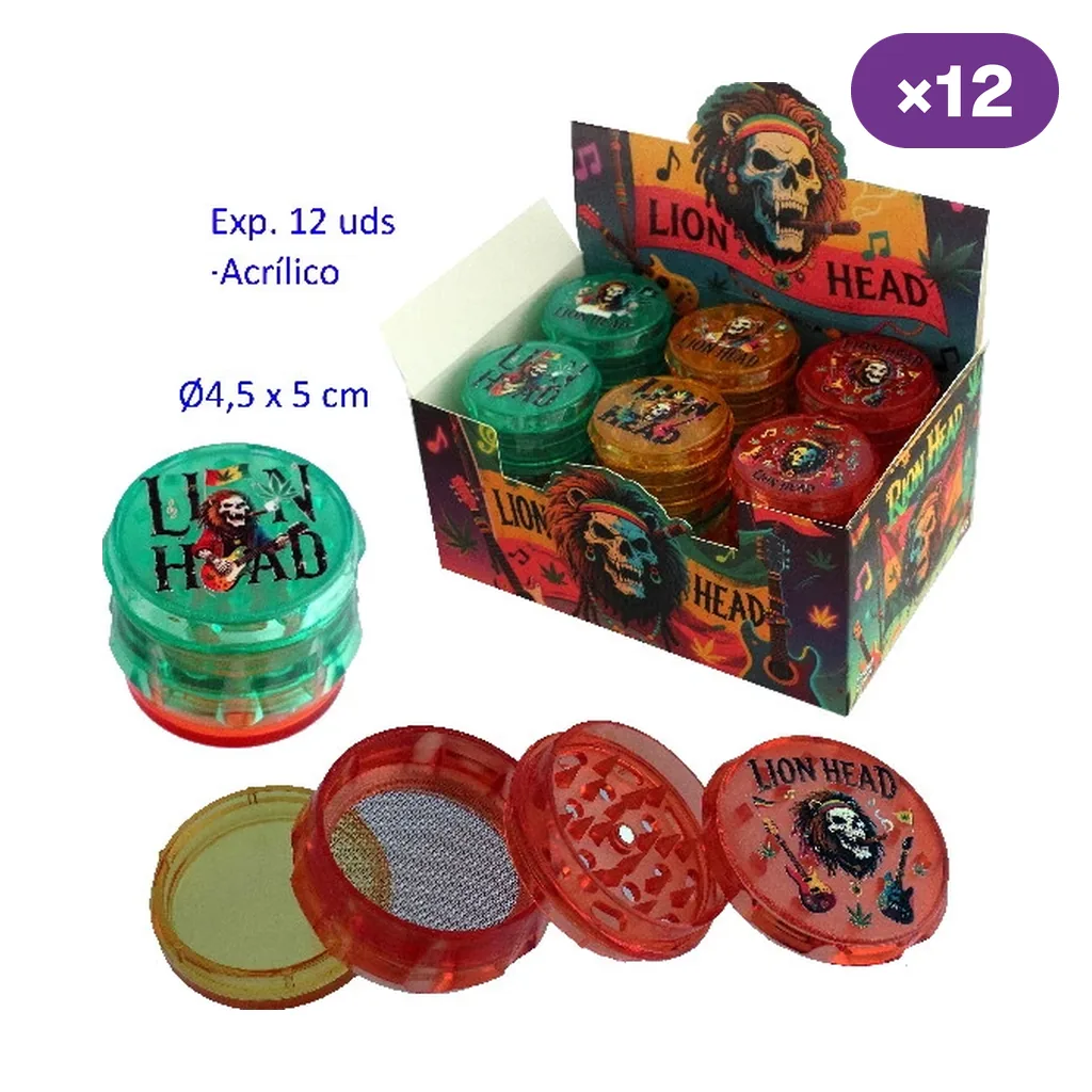 Grinders acrílicos Lion Head de varios colores en caja expositora marcada «×12», con una unidad abierta que muestra dientes y malla.