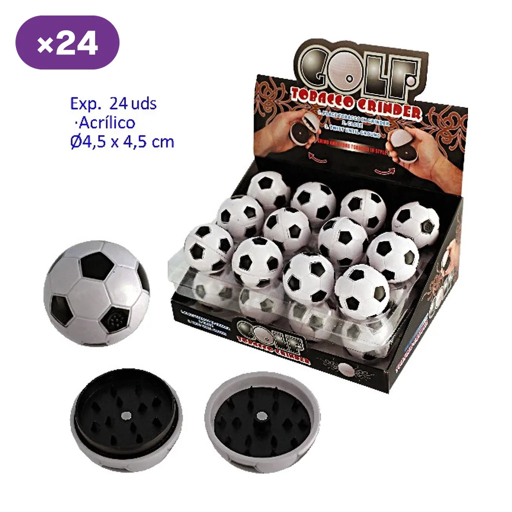 Expositor de grinders con forma de balón de fútbol, con varias unidades cerradas y vistas abiertas que muestran los dientes interiores. Expositor de grinders con forma de balón de fútbol, con varias unidades cerradas y vistas abiertas que muestran los dientes interiores.
